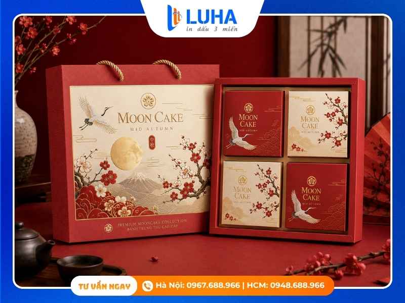 Gia c&ocirc;ng hộp trung thu cao cấp bằng &eacute;p kim v&agrave; UV định h&igrave;nh